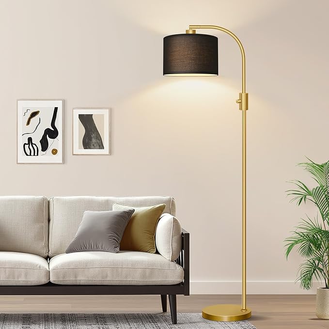 Nintiue Upgraded Modern Arc Dimmable Tall Standing Floor Lamp with Black Shade, 1200 Lumens LED Bulb Included, for Living & Reading Room, Bedroom, Office & Nursery, Gold - Image 6