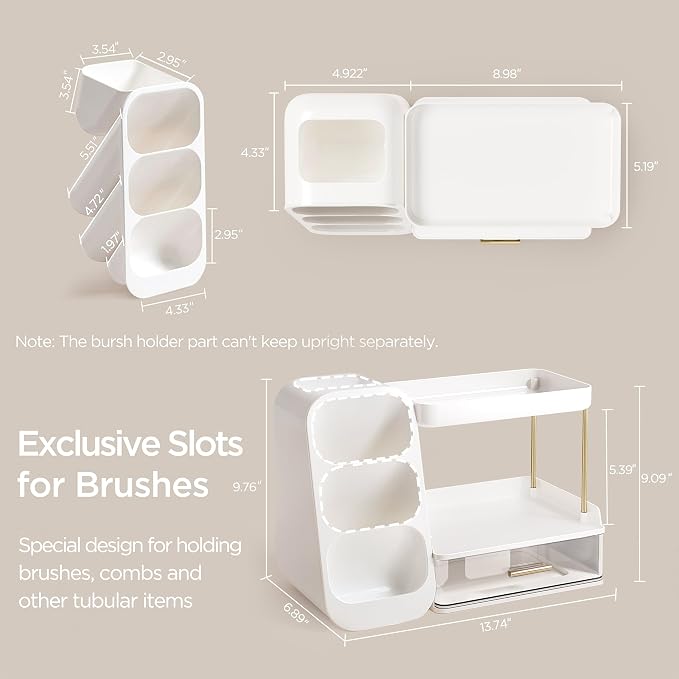 HBlife Bathroom Organizers and Storage with Brush Holder for Vanity, 3 Tier Plastic Makeup Organizer for Dresser Counter, Skincare, Lipstick, Perfume, and Cosmetic Storage - Image 3