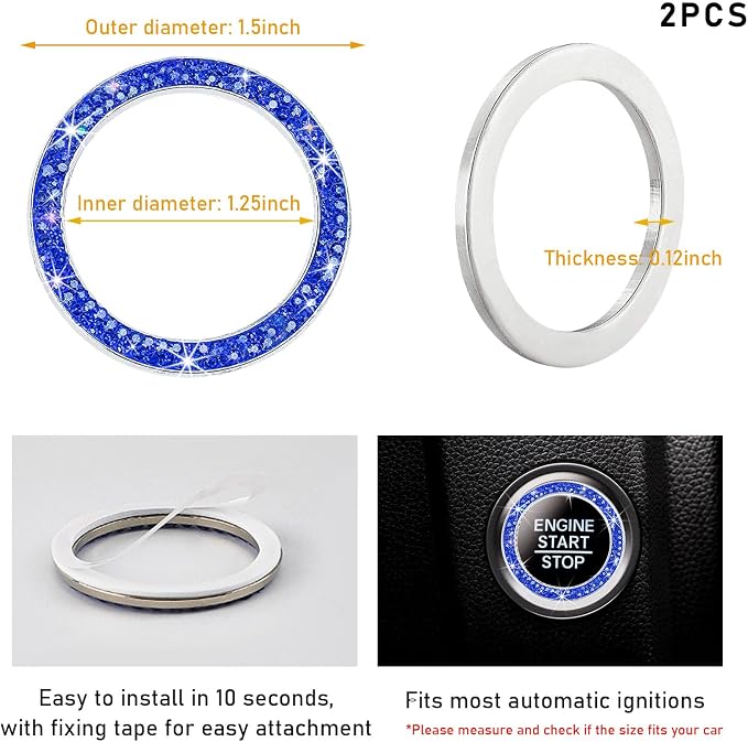 Kewucn 2 PCS Bling Crystal Double Rhinestone Car Engine Start Decoration Ring, Sparkling Push Start Button Sticker, Key Ignition & Knob Ring Decoration, Bling Car Interior Accessory(Dark Blue) - Image 2