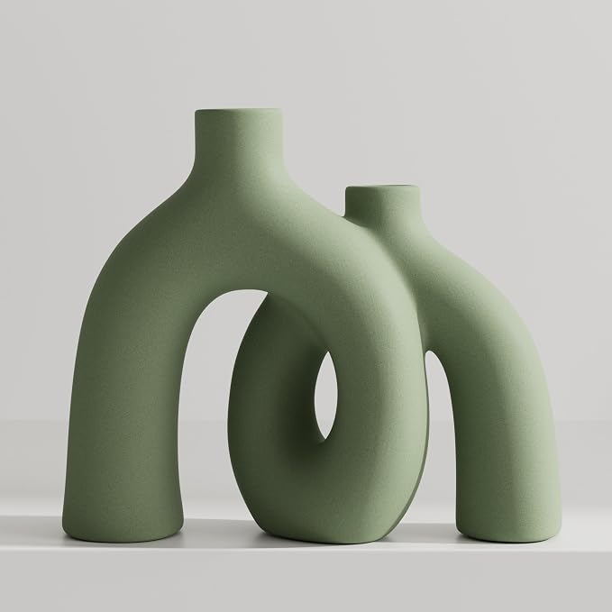 Hug Donut Decorative Vase Set - Sage Green Modern Nordic Boho Style Vases Home Decor,Matte Ceramic Decorations for Living Room Shelf, Bookshelf Mantle Entryway Table or Console Décor(Green) by Jonronboci