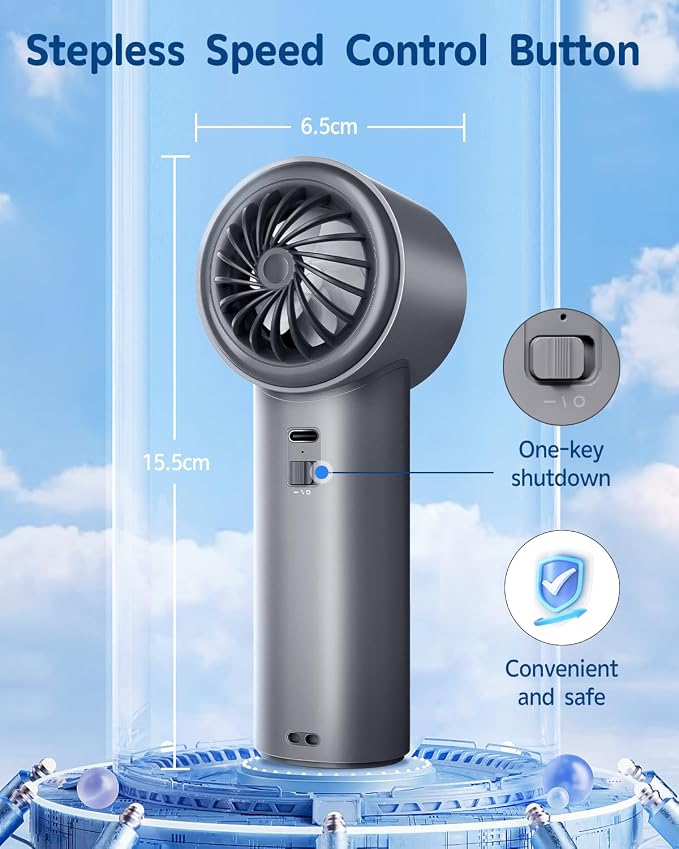 EasyAcc AI Portable Turbo Fan,Speed(1-100) Adjustable Max 26640RPM Strong Airflow,4000mAh LED Digital Display Turbo Handheld Fan Battery Rechargeable Personal Fan for Camping/Outdoor-Grey - Image 6