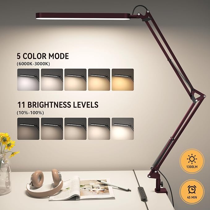 SKYLEO Desk Lamp - LED Desk Light - 5 Color Modes X 11 Brightness Levels - Adjustable Swing Arm - Timmer & Memory Function - 12W Lamp for Desk - Red - Image 2