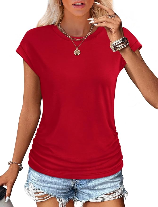 Sampeel Womens Summer Tops Trendy 2026 Ruched Cap Short Sleeve Tshirts Shirts Crew Neck T Shirts Fashion - Image 2