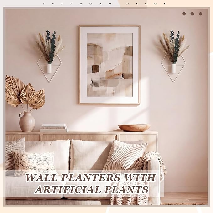 Jexine 4 Pcs Hanging Planters with Artificial Pampas Eucalyptus Metal Hanging Vase Indoor Plants Holder Modern Geometric Boho Bathroom Wall Decor for Living Room Home Office, Matte White - Image 5