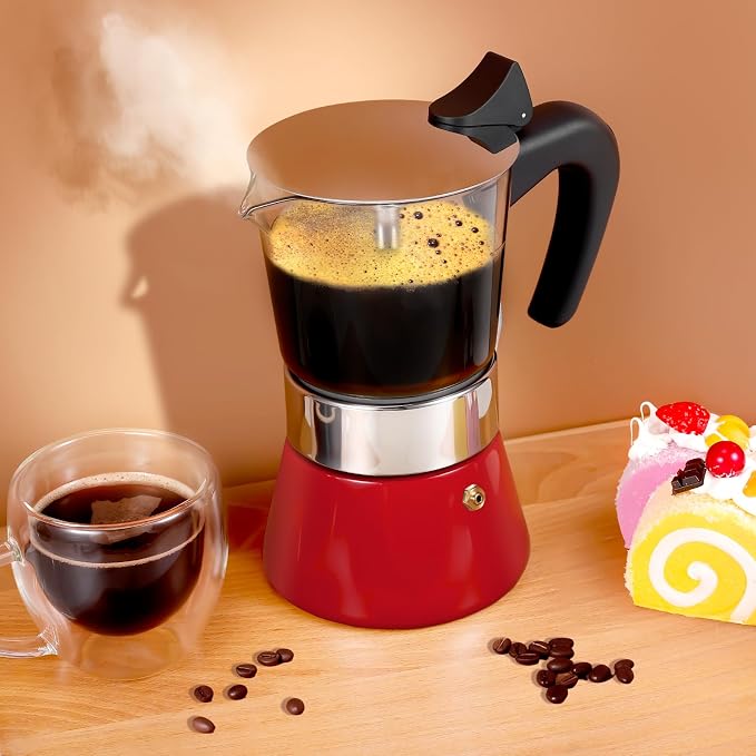 6 Cup 300ml Glass Moka Pot, Stovetop Espresso Maker, Red | Crystal Glass-top & Stainless Steel Coffee Maker, Induction Compatible, for Greca de Cafe, Cuban and Italian Coffee Brewing - Image 6