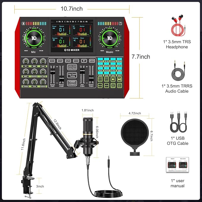 tenlamp Podcast Microphone Bundle with Live Sound Card Audio Mixer, Podcast Equipment Bundle with 3.5mm Boom Mic for Pc/Phone Live Streaming Singing Gaming, Sound Board with Voice Changer, Denoise - Image 2