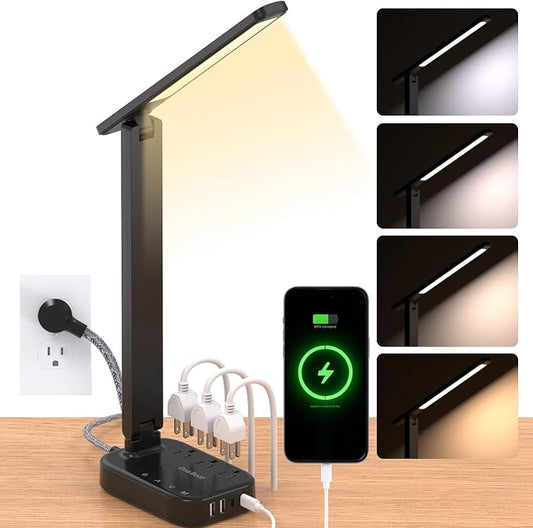 LED Desk Lamp Power Strip with 4 USB 3 Outlets, Dorm Room Essentials, Black | One Beat 4 Modes 5 Level Brightness Touch Lamp, Small Desk Lamp for Home Office College Dorm Essentials, Study Reading Light by OneBeat