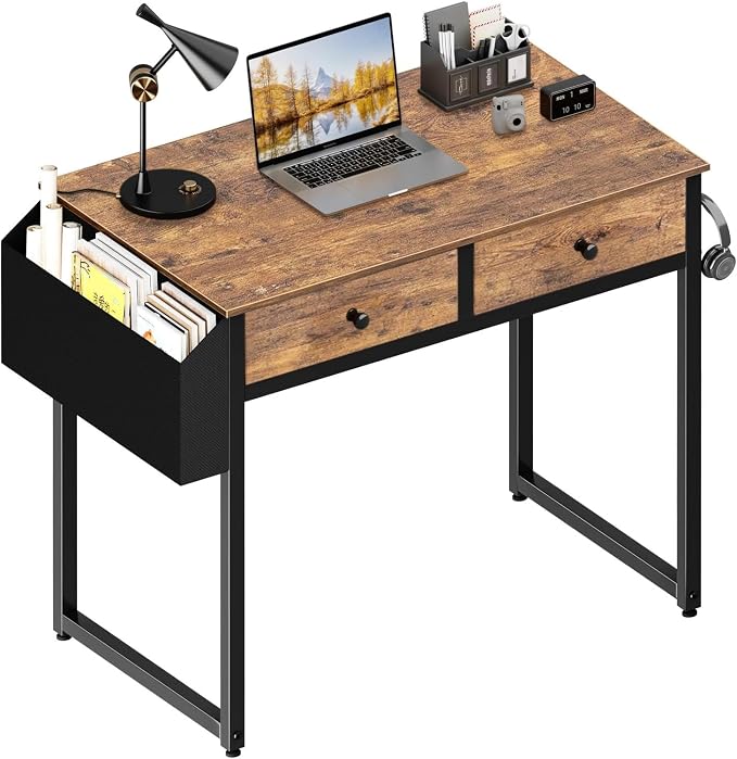 Lufeiya Small Computer Desk with 2 Drawers for Bedroom, 31 Inch Home Office Desk with Storage Fabric Drawer and Bag, Study Writing Table for Small Spaces, Rustic Brown by LUFEIYA