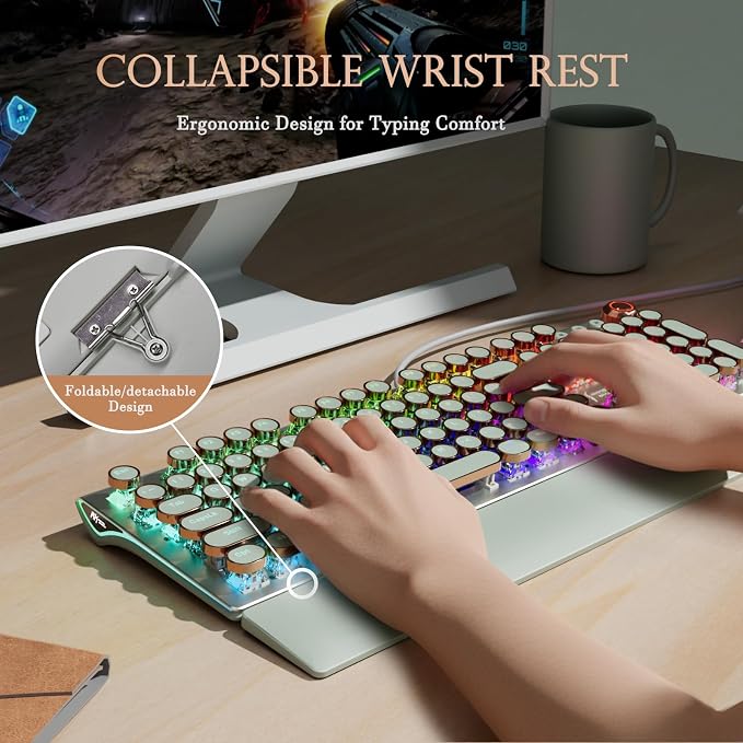 RK ROYAL KLUDGE X108 Typewriter Style Mechanical Keyboard, Wired Gaming Keyboard 108 Keys RGB Backlit Sidelight, Detachable Wrist Rest, Volume Knob, Retro Round Keycaps Blue Switches - Green - Image 6