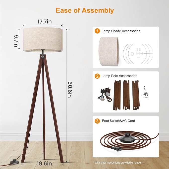 LEPOWER Tripod Floor Lamp Mid Century Modern Standing Lamps for Living Room | Light-Diffusing Linen Shade, Premium Rubberwood Tripod with E26 Base, Adding Warmth to Bedroom, Office & Study Corner Walnut - Image 8