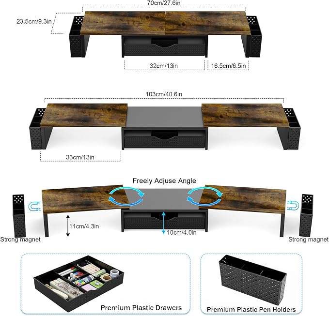 Spacrea Metal Desk Organizers and Accessories, Dual Monitor Stand Riser with Drawer and 2 Pen Holders, Desk Accessories & Workspace Desktop Organizers for Office Supplies (Wood) - Image 5