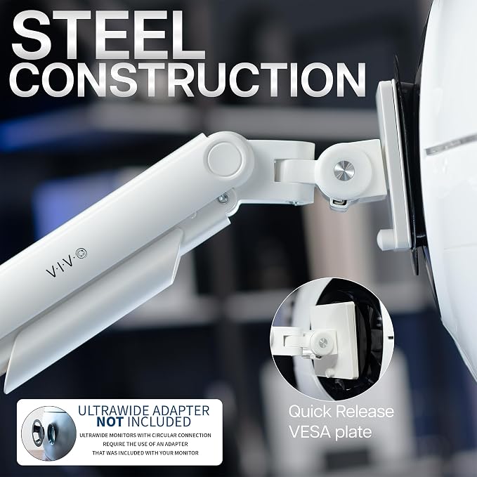 VIVO Heavy Duty Aluminum Ultrawide Monitor Tension Arm for up to 49 inch Screens, Holds 44 lbs, Premium Desk Mount Stand Designed for Samsung Odyssey G9 and More, White, STAND-V101VW - Image 6