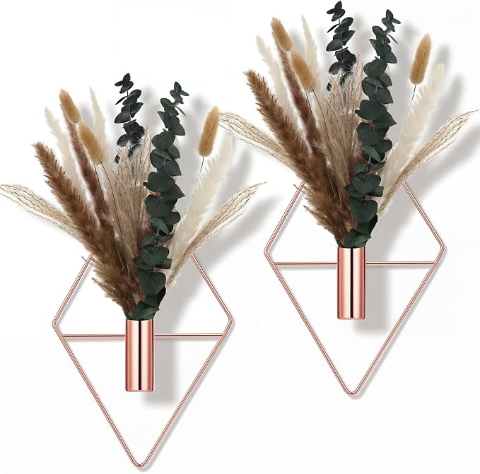 Jexine 4 Pcs Hanging Planters with Artificial Pampas Rose Gold Metal Hanging Vase Indoor Plants Holder Modern Geometric Boho Bathroom Wall Decor for Living Room Home Office by Jexine