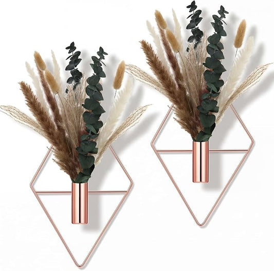Jexine 4 Pcs Hanging Planters with Artificial Pampas Rose Gold Metal Hanging Vase Indoor Plants Holder Modern Geometric Boho Bathroom Wall Decor for Living Room Home Office by Jexine
