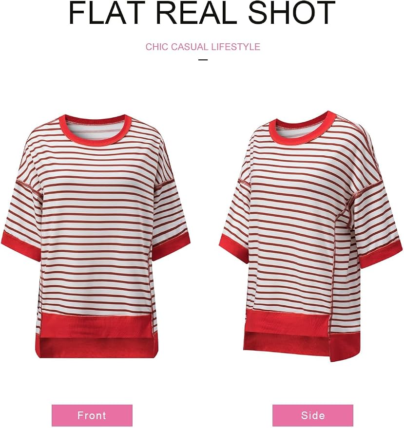 SHEWIN Womens Tops Casual Short Sleeve Sweatshirt Crewneck Striped Shirt Pullover T Shirts Loose Blouses - Image 5