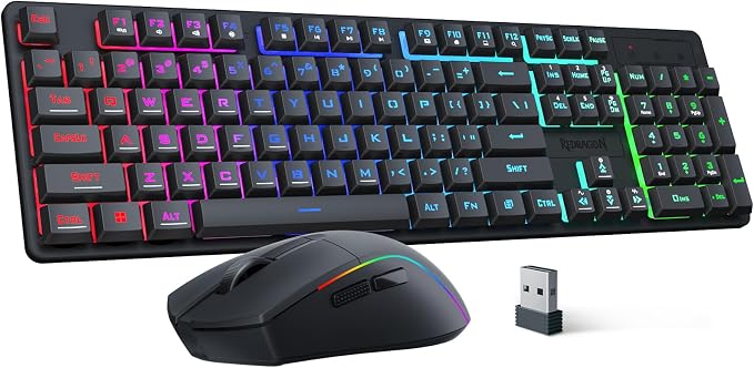 Redragon S107KS Wireless Gaming Keyboard and Mouse, RGB Backlit, 3 Mode (Wired/2.4G/BT), Up to 10,000 DPI Gaming Mouse with Software, Ultra Lightweight 65g, 25 Key Anti-Ghosting Keyboard for PC by REDRAGON