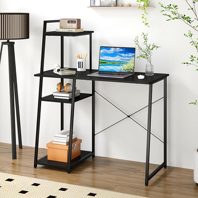 Giantex Computer Desk with Shelves, 47.5” Home Office Desk with Bookshelf, Host Stand, Metal Frame, PC Laptop Workstation, Modern Study Writing Desk for Bedroom, Small Space (Black) - Image 7