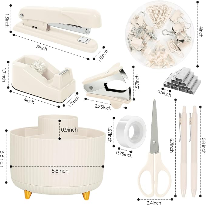 SKYDUE Desk Organizer Set with 360° Rotating Pen Holder | Includes Stapler, Scissors, Tape Dispenser, Clips, Pins & Accessories, For Home Office, School, Teacher - Image 4