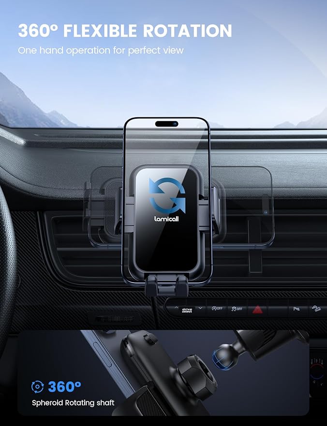 Lamicall 2026 Wider Clamp & Metal Hook Car Phone Holder Vent [Thick Cases Friendly] Phone Holders for Your Car Mount Automobile Hands Free Cradle Air Vent for iPhone 17 16 15 Pro Max Lucite Black - Image 5