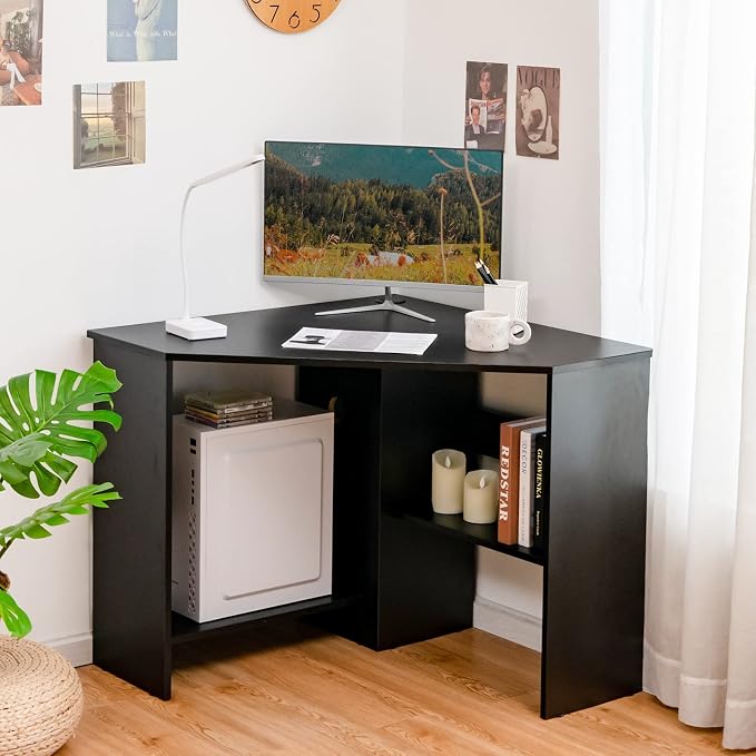 Tangkula Corner Desk, 90 Degrees Triangle Computer Desk for Small Space, Bedroom Corner Makeup Vanity Desk with Storage Shelves & CPU Stand by TANGKULA