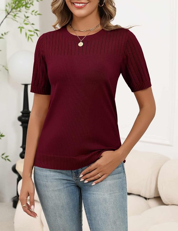 Zeagoo Women's Short Sleeve Sweater Tops 2026 Spring Summer Crew Neck Hollow Out Blouses Dressy Business Casual Outfits - Image 2