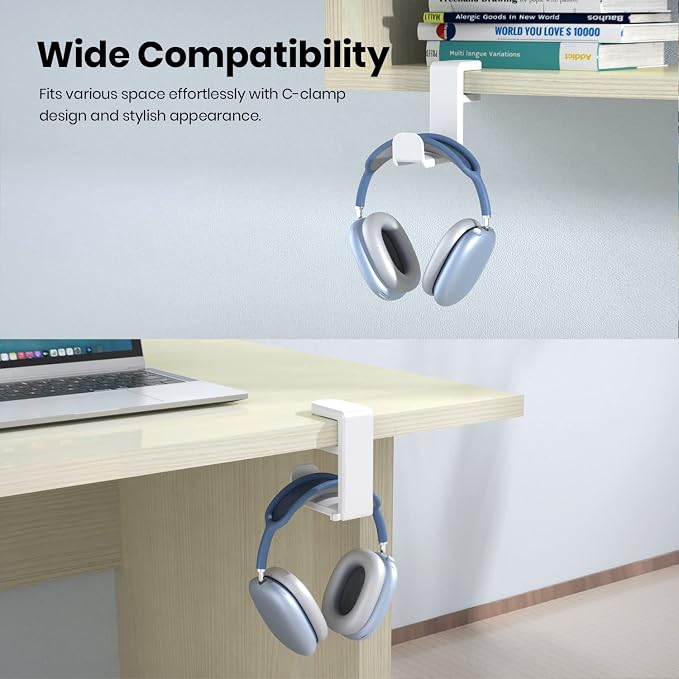 EURPMASK PC Gaming Headset Stand - Adjustable Clamp-on Headphone Holder, 360 Degree Swivel & Cable Clip Organizer - White - Image 3
