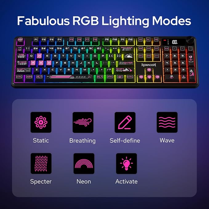 Redragon K526 PRO Wireless RGB Membrane Gaming Keyboard, LED Screen & Knob | See Battery, Mode & Time at a Glance, 0-Delay Tri-Mode, One-Touch Backlit & Media Adjust, 26-Key Anti-Ghost for Combo-Strike - Image 7