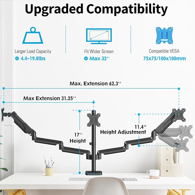 MOUNTUP Triple Monitor Mount for 17-32 inch Screens, Full Motion Triple Monitor Stand, 3 Monitors Desk Mount Holds 4.4-19.8 lbs Each, Clamp & Grommet Mounting, Black - Image 3