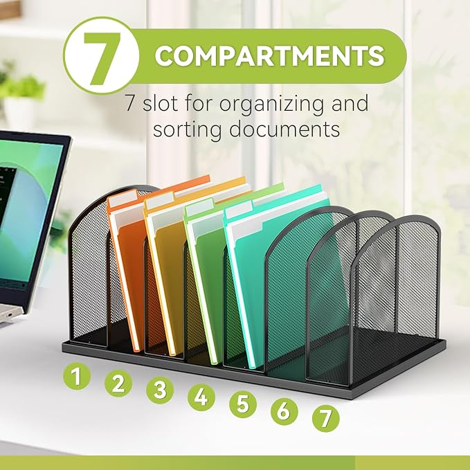 MINDEPOT Desk File Organizer 7 Sections Upright Mesh File Sorter Organizer for Desk, Office Organization File Holder for Home, Office & Classroom (Black, 2Pack) - Image 4