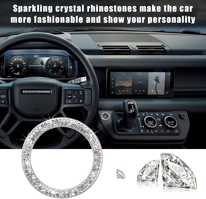 Kewucn 2 PCS Bling Crystal Double Rhinestone Car Engine Start Decoration Ring, Sparkling Push Start Button Sticker, Key Ignition & Knob Ring Decoration, Bling Car Interior Accessory(White) - Image 5