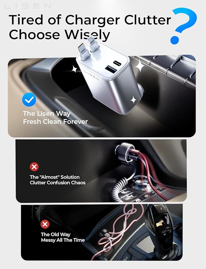 LISEN Retractable Car Charger for iPhone, for iPhone 17 Pro Max 16 15 14 13 12 Plus Mini, Cute 4 in 1 Retractable USB C Car Charger Fast Chareg for Women Men, 84W Fast Charging Car Accessorie | Multiple Ports Car Charger, Retractable Car Charger Fast C... - Image 3