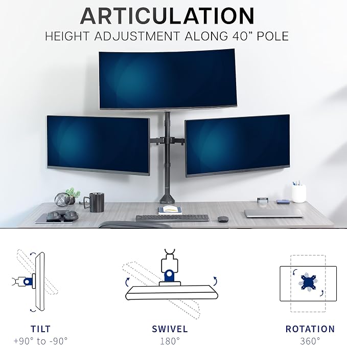 VIVO Premium Triple Ultra Wide LCD LED 27 to 38 inch Monitor Desk Mount, Heavy Duty C-clamp, Extra Tall Pole, Adjustable Telescoping Arms, Flush Wall Setup, Fits 3 Screens, Black, STAND-TS3CT - Image 5