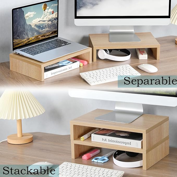 TEAMIX Wood Monitor Stand Riser - 2 Pack Adjustable Dual Monitor Riser for Laptop/PC - Image 2