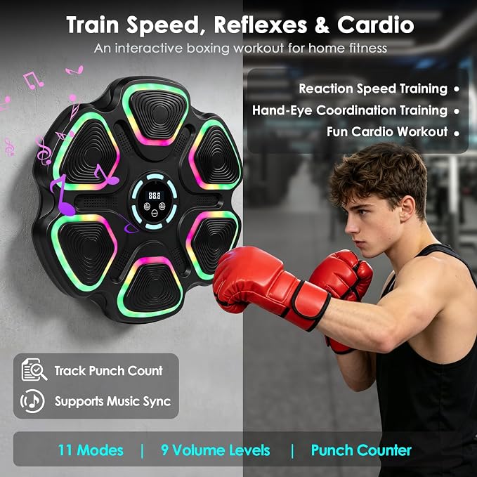 OurStarry Smart Music Boxing Machine for Adults and Kids, Wall Mounted Punching Trainer with Boxing Gloves, LED Electronic Target, 9 Modes and 9 Speeds, Home Gym Workout Equipment - Image 3