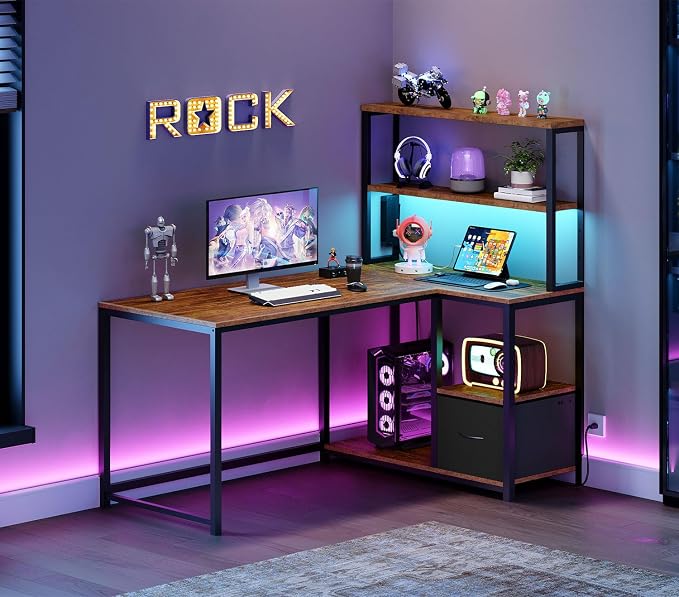 HOOBRO L Shaped Gaming Desk, 46 Inch Reversible Computer Desk with LED Light & Power Outlet, Office Desk with Storage Shelves & Drawer, for Home Office, Study, Rustic Brown and Black BF18UDDN01 - Image 9