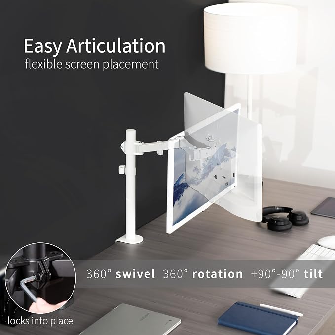 VIVO Single Monitor Arm Desk Mount, Holds Screens up to 32 inch Regular and 38 inch Ultrawide, Fully Adjustable Stand with C-Clamp and Grommet Base, VESA 75x75mm or 100x100mm, White, STAND-V001W - Image 3