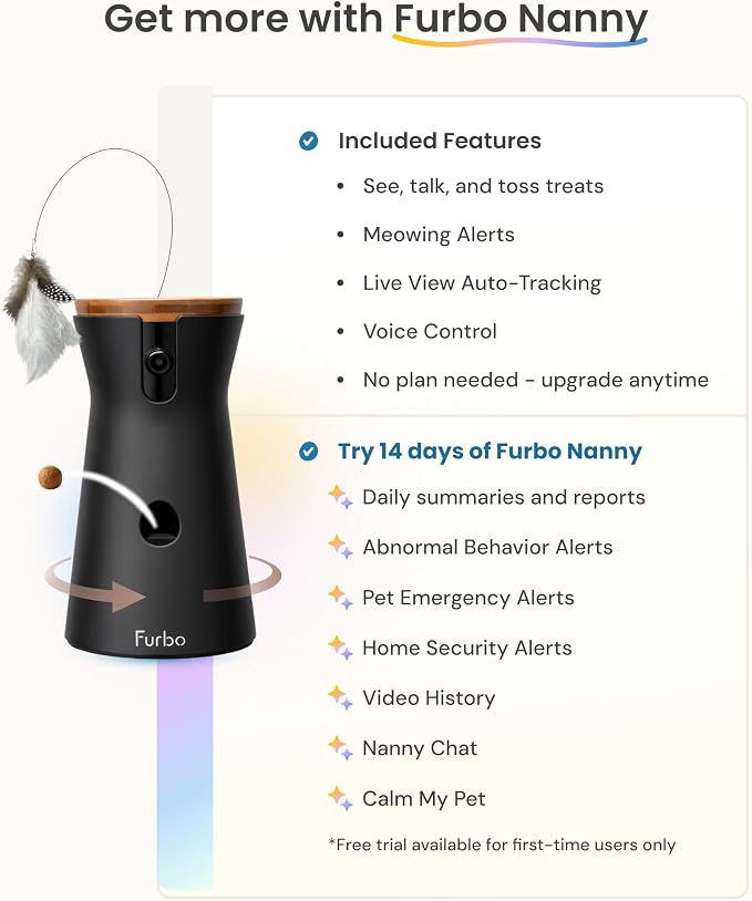 Furbo 360° Cat Camera: Basic See, Talk & Toss Features, No AI Alerts, No Subscription Required, Pet Security Cam w/Meowing Alerts, Rotating View, Treat Toss, 2-Way Audio, Smart Home Kitty Monitoring - Image 2
