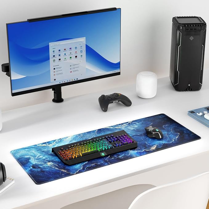 KTRIO Large Gaming Mouse Pad, Desk Mat, 31.5 x 11.8 in, Blue Marble, XL | Smooth Micro-Weave Surface, Artistic Pattern Design, Non-Slip Rubber Base, Durable Stitched Edges, Office & Home Use - Image 6