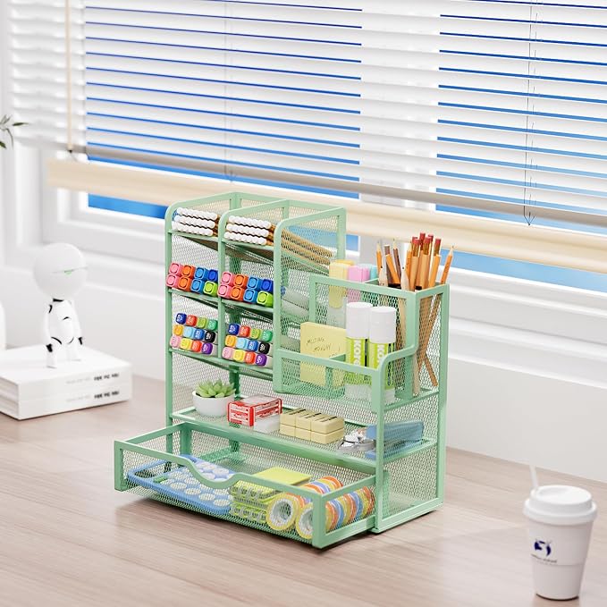 Marbrasse Mesh Pen Holder for Desk, Multi-Functional Pencil Organizer with Drawer, Desk Organizers and Accessories for Office Art Supplies (Green) - Image 4