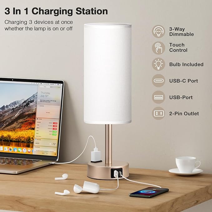 Antique White Bedside Table Lamp for Bedroom - 3 Way Dimmable Touch Lamp USB C Charging Ports and AC Outlet, Small Lamp Gold Base Round Flaxen Fabric Shade for Living Room, Desk, LED Bulb Included - Image 2