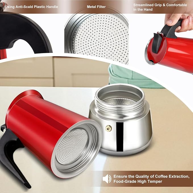 2 Cup Stovetop Espresso Maker Stainless Steel Moka Pot Stove Top Percolator Italian Coffee Makers Capable Mocha Greca Machine Cafe Classic Induction Cookers for Home and Camping 100ml 3.3oz - Image 7