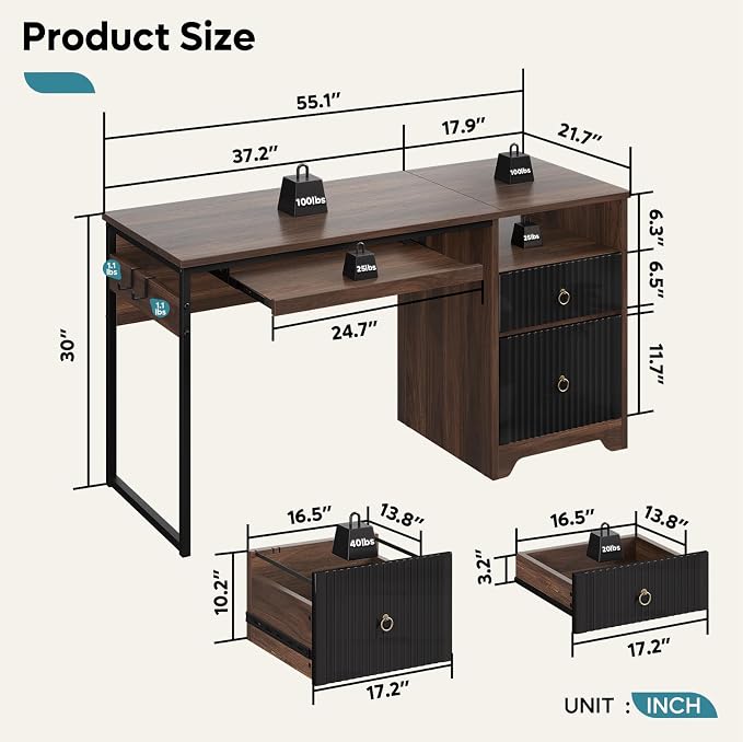 Bestier 55 Inch Wood Computer Desk with File Drawer & Keyboard Tray, Cherry | Fluted Panels, Ring Handles, File Drawer Letter/Legal, Storage Drawer, Keyboard Tray, Reversible, 2 Hooks, 150 Lbs, P2 Board - Image 3