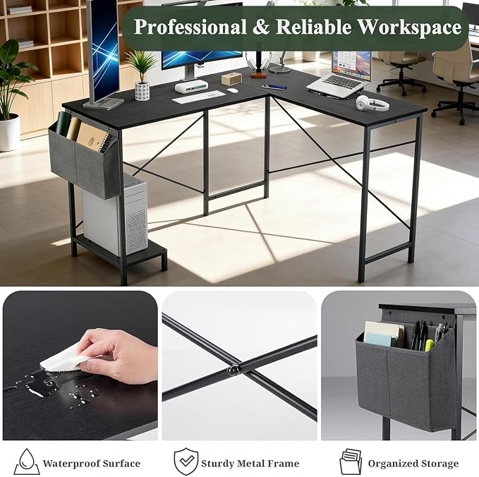 L Shaped Desk, 50 Inch Reversible Computer Desk Corner Gaming Table with CPU Stand & Storage Bag, Sturdy Metal Frame PC Workstation for Home Office, Black Wood | Storage Bag, Black Corner Gaming Table, Sturdy Metal Frame, PC Workstation for Home Office - Image 4