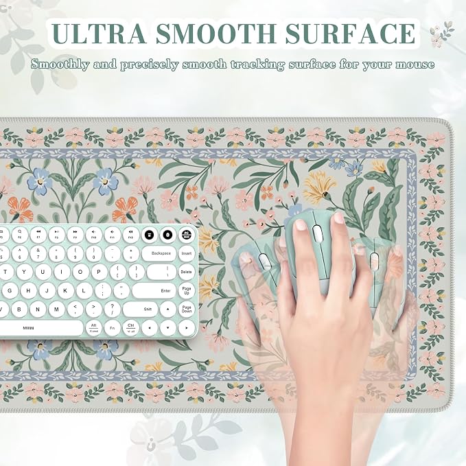 iCasso Aesthetic Desk Mat,31.5x11.8 Mouse Pads,Green Floral | Anti-Slip Mousepad with Stitched Edges, Waterproof Computer Pad, Green Desk Accessories Office Decor for Women - Image 3