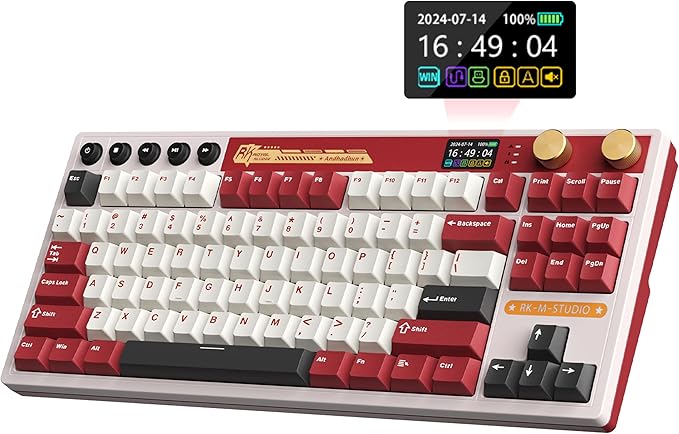 RK ROYAL KLUDGE M87 Wireless Gaming Keyboard with Screen & Dual Knobs, Red | Bluetooth/2.4G/Wired, Hot Swappable Cream Switches, 5-Layer Noise Dampening Gasket Structure,Compact 75% Size for PC/WIN/Mac by RKROYALKLUDGE