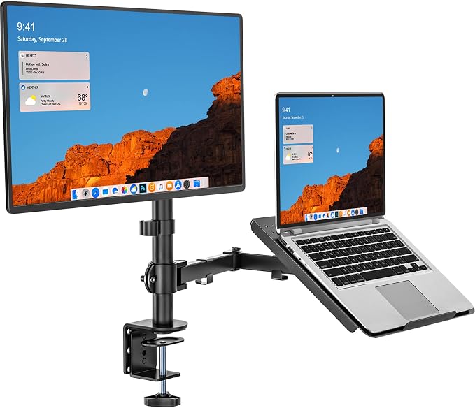 WALI Dual Arm Laptop and Monitor Desk Mount for 17" Notebook and Up to 27" Screen, Fully Adjustable Monitor Arm with Laptop Tray, VESA 75x75 100x100, Holds up to 22 lbs, Black (M001LP) by WALI
