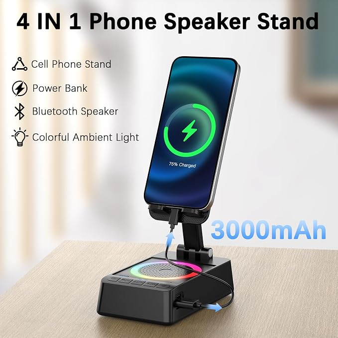 Gifts for Men Women, Cell Phone Stand with Wireless Bluetooth Speaker, 4 in 1 Bluetooth Speaker, for Men Women Teens, LED Lights 360° Phone Holder Compatible with Phones iPad - Image 5