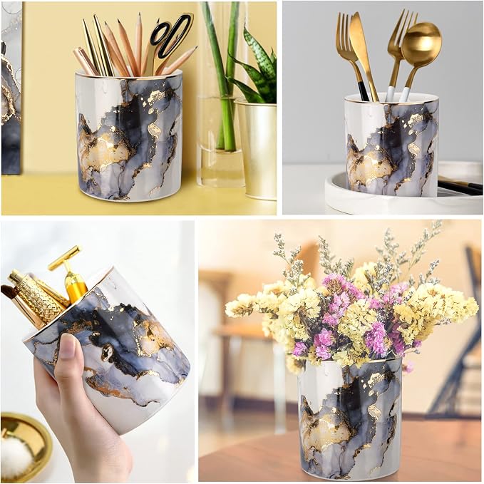 Marble Pencil Holder, Durable Ceramic Desk Organizer Office Supplies,Desktop Stationary Organizer,Multi-Functional Pencil Storage for Desktop Accessories,Office,Classroom,Home,Gray Gold - Image 4