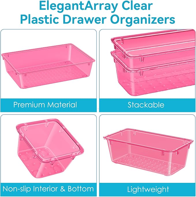 12 PCS Drawer Organizer Set, Makeup Organizers, Tool Storage Trays, Pink | 4 Sizes, Plastic, Stackable, Multiple Gadgets, Desk Drawer Divider Organizers, for Makeup, Office Supplies Storage - Image 5
