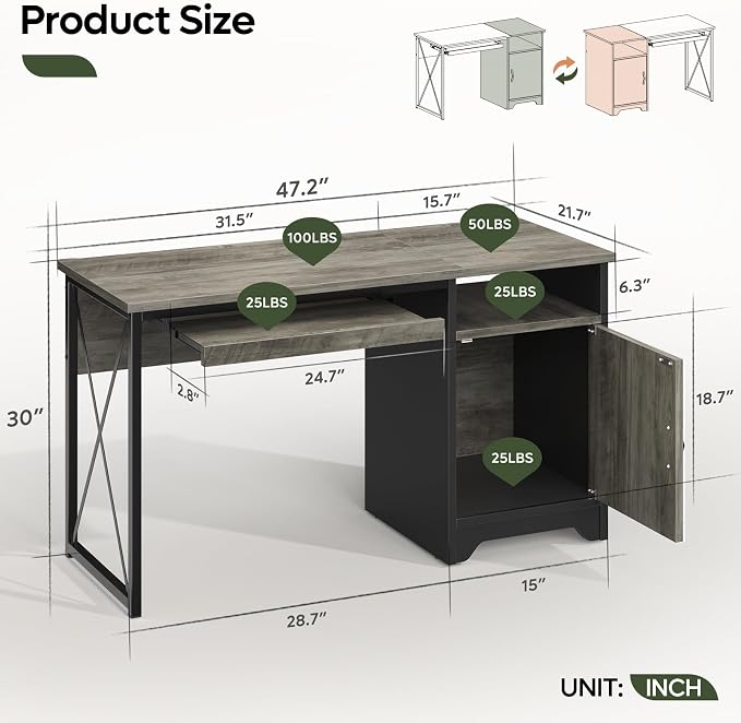 Bestier 47-Inch Office Desk with Storage Cabinet & Keyboard Tray, Grey | 47 Inch Desktop, Right Storage Cabinet, Sliding Keyboard Tray And X-Frame Support Create A Small-Space Home Office Desk. - Image 3